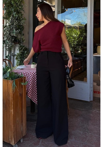 Madmext Siyah Yüksek Bel Keten Wide Leg Pantolon Mg2718