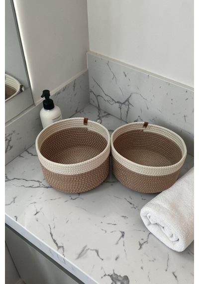 El Yapımı Dekoratif Örgülü Model Banyo Seti 2 Li Paspas 50x80 Ve 40x60 + 2 Organizer Sepet 18x18 Cm Vizon