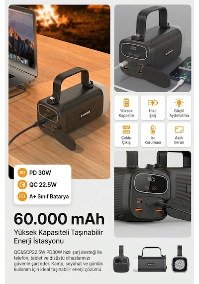 60.000 Mah Hızlı Kamp Outdoor 30w 22.5w Qc Dijital Göstergeli Led Fenerli Taşınabilir Şarj Cihazı