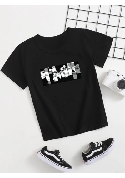 Barlashive Çocuk Unisex Baskılı T-shirt - Siyah Çok Renkli