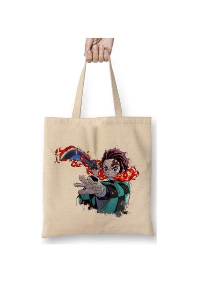 Toyaso Demon Slayer İblis Keser Tanjiro Firebeyaz Bez Çanta Uzun Saplı Alışveriş Çantası Plaj Çantası Beyaz