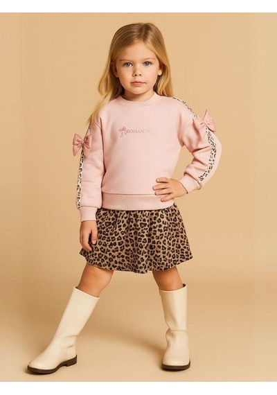 Kız Çocuk Kolları Leopar Şeritli Fiyonklu Sweatshirt-16133 Pudra