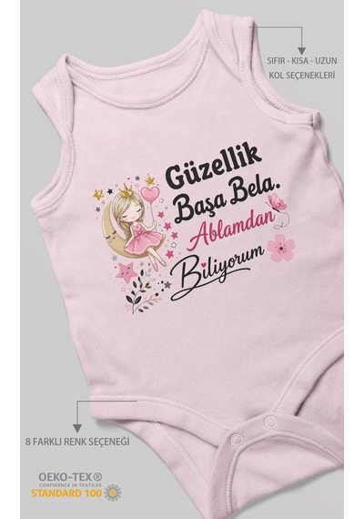 Morivokids Güzellik Başa Bela Ablamdan Biliyorum Sıfır Kol Bebek Zıbını %100 Pamuk Bebe Pembe