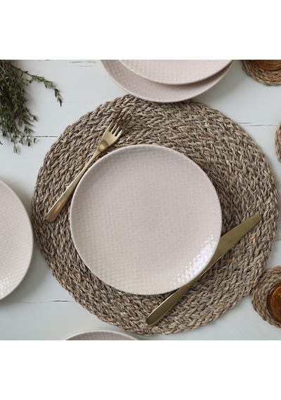 Keramika Kumlu Krem Rölyefli Pasta Tabağı 21 Cm 6 Adet Q32