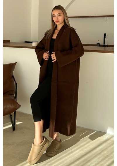 Olcay Oversize Kalın Triko Uzun Hırka Kahve 8274