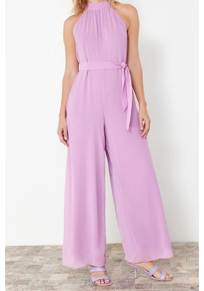Ersefa Kadın Moda Standart Kol Geniş Paça Halter Yaka Uzun Kuşaklı Maxi Lila