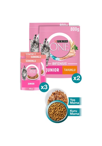 Purina One Junior Tavuk Yavru Kedi Maması 2 x 800 G + Junior Somonlu Yavru Kedi Maması 3 x 85 G