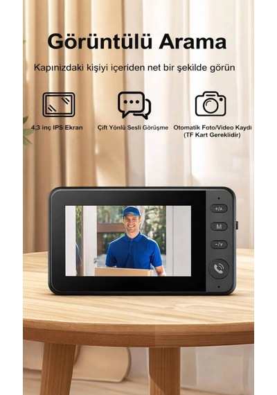 Kablosuz Görüntülü Kapı Zili 4.3 İnç Ips Ekran Çift Yönlü Konuşma Gece Görüşlü Şarjlı Akıllı Kapı Zili