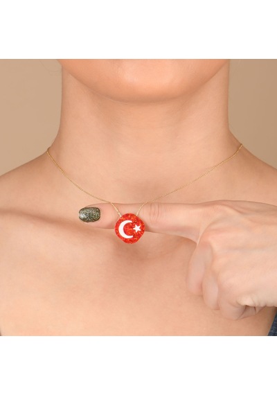 Altın Kaplamalı Opal Taşlı Türk Bayrağı Desenli Gümüş Kolye Gold - Rose Gold - Gümüş