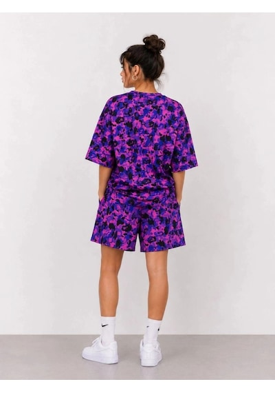 Freedom Storee Kadın Oversize Kalıp Pubg Bape X Shark Nakışlı Cepli Şort Takım - Mor Çok Renkli