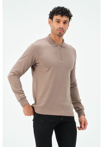 Fermuarlı Uzun Kollu Regular Fit Erkek Polo Yaka T-shirt Vizon