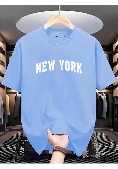 New York Beyaz Baskılı Oversize Tişört Bebe Mavisi