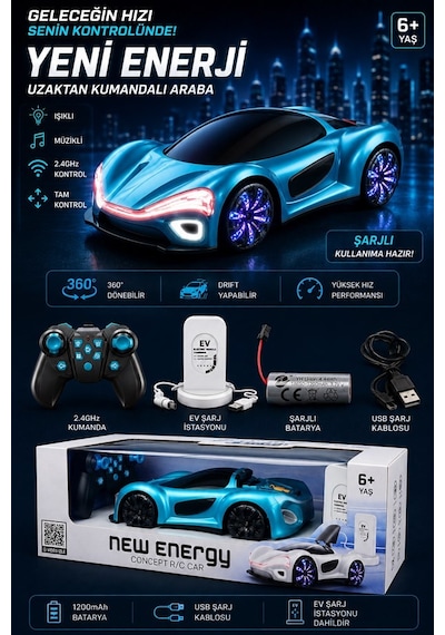 Uzaktan Kumandalı Şarj İstasyonlu Araba 2.4ghz Şarjlı Oyuncak Spor Araba Işıklı Müzikli Mavi