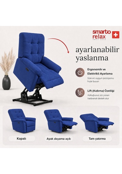 Smarto Relax Porto Liftli Çift Motorlu Elektrikli Ayağa Kalkma Destekli Polyester Hasta Ve Baba Tv Koltuğu Mavi