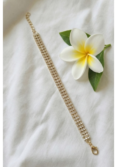 Valmont Accessories 16+2 Cm Ayarlanabilir Taşlı Altın Sarısı Işıltılı 3 Sıra Su Yolu Kadın Bileklik