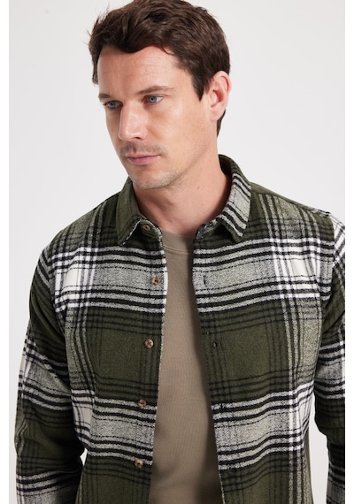 Tudors Erkek Slim Fit Dar Kesim Kareli Kışlık Oduncu Gömlek-42372 Haki