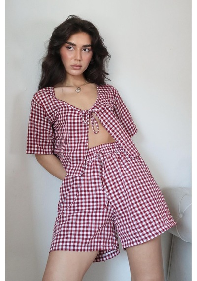 Madmext Bordo Pötikareli Şort Bluz Takım Mg2373