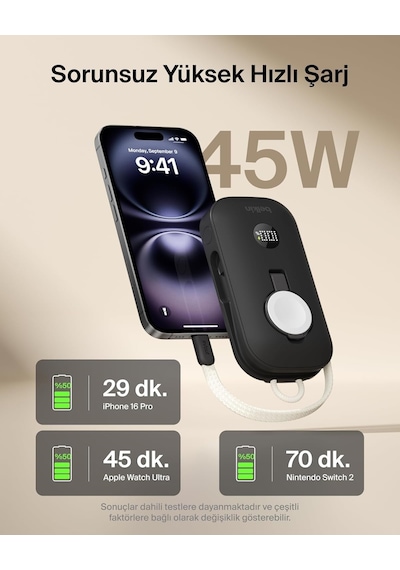 Belkin Boostcharge Pro 10k Mah Power Bank, Apple Watch Şarj Cihazlı, Entegre Örgülü Usb-c Kablo Ve Dijital Ekranlı Taşınabilir Şarj Cihazı, 45 W, Siyah Belkin Boostcharge Pro 10k Mah Power Bank, Apple Watch Şarj Cihazlı, Entegre Örgülü Usb-c Kablo Ve Dijital Ekranlı Taşınabilir Şarj Cihazı, 45 W, Siyah