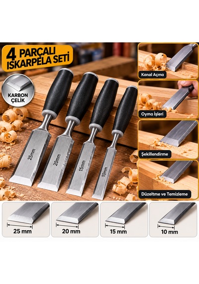 4 Parça Karbon Çelik Ahşap İskarpela Seti 10-15-20-25 Mm Siyah Saplı