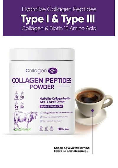Collagen Life %100 Saf Ve Doğal Yüksek Biyoaktif Çift Hidrolize Kolajen Peptitler İçeren Diyet Takviyesi 50günlük