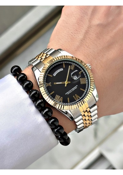 Premium Tasarım Grande Lüks Seri Metal Kordon Çift Takvimli Erkek Kol Saati-bileklik Hediyeli Sarı