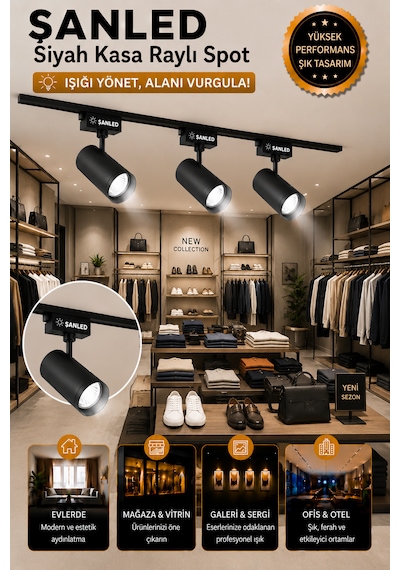 Led Siyah Kasa Beyaz Işık 35w Raylı Spot / 8 Adet 3 Metre Ray
