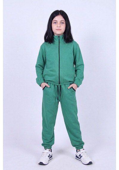 Panios Kids Kız Çocuk Dik Yaka Fermuarlı Beli Bağcıklı Lastik Paça Eşofman Takımı Yeşil