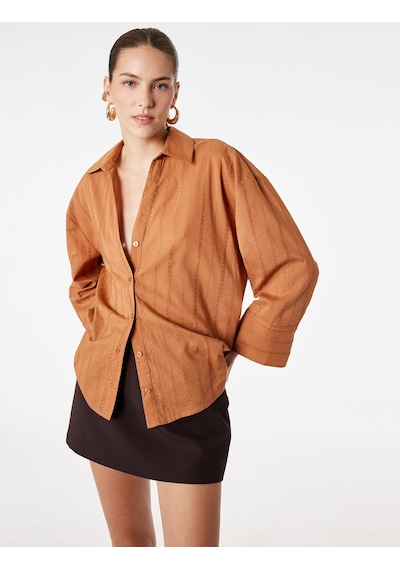 Koton Pamuklu Uzun Kollu Nakış Detaylı Brodeli Oversize Poplin Gömlek Tarçın 6sak60251uw
