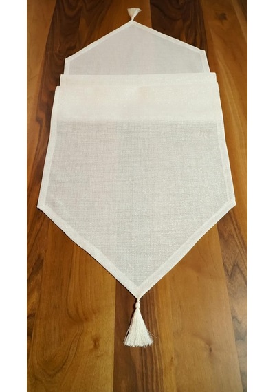 Simli Keten Runner Püsküllü, Kırık Beyaz, 45x150cm Çok Renkli