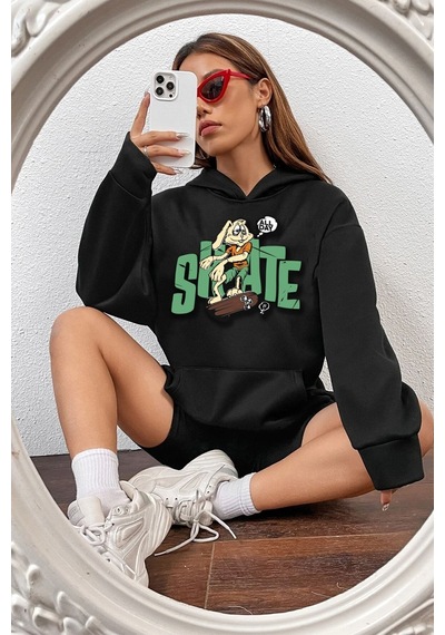 Uyguntarz Unisex All Day Rabbit Baskılı Sweatshirt siyah