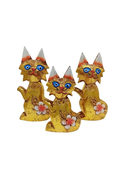 Ahşap Simli Üçlü Kedi Dekoratif Biblo No.2 17 Cm