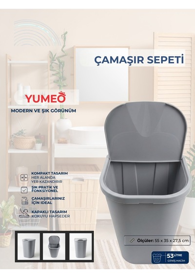 Yumeo Slim 53 Litre Kapaklı Çamaşır Sepeti Dar Alanlara Uygun Plastik Kirli Sepeti Gri Antrasit - Gri