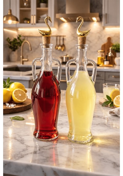 2'li Amfora Model Kuğu Mantar Tıpalı Cam Yağ Şişesi - 750ml. Şeffaf Sirke Limon Suyu Şişesi - Kuğu Şeffaf