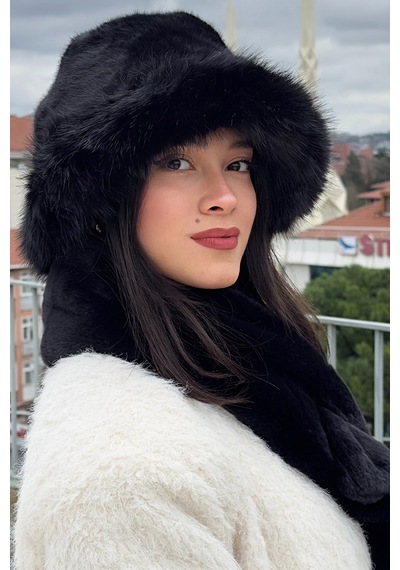 Mollycrush Kadın Peluş Kürk Kışlık Şapka Boyunluk Eldiven Seti 3 Lü Soft Takım Siyah