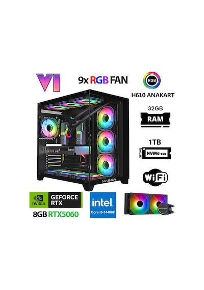Xaser Sword X170 i5-14400F 32 GB 1 TB M.2 NVMe SSD 8 GB RTX5060 Free Dos Masaüstü Oyuncu Bilgisayarı