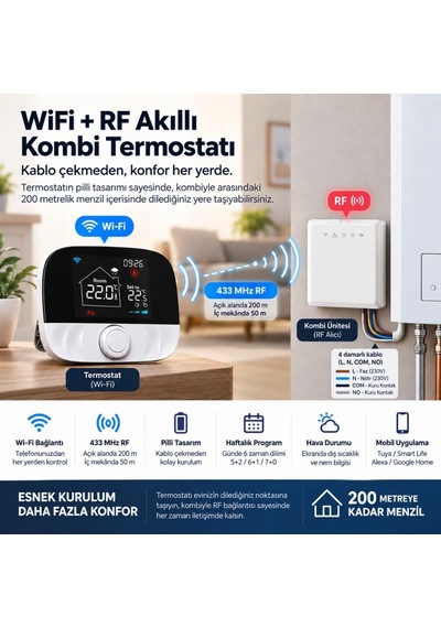 Wifi Akıllı Oda Termostatı, Tuya Ve Smart Life Uyumlu, Kablosuz T9w