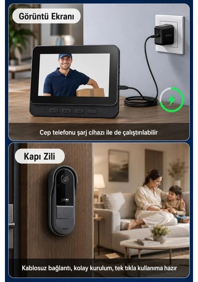 Hd Sistem Giriş Kontrol Görüntülü Monitörlü Su Geçirmez Kablosuz Akıllı Kapı Zili Cmr25 Siyah