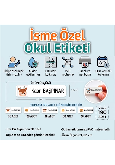 Okul Etiketi Isme Özel Kalem Defter Etiketi Animal -2 -190 Adet Çok Renkli