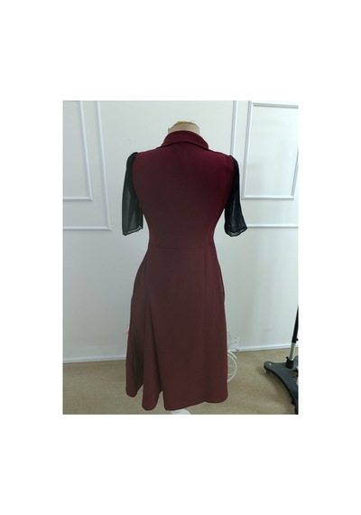 Butik İstanbul Kadın Kısa Kollu Yakalı Önden Düğmeli Midi Ithal Krep Elbise Bordo