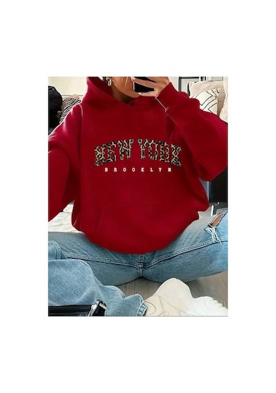 Herkesemoda New York Yazı Detay Baskılı İçi Polarlı Kapüşonlu Sweatshirt Kırmızı