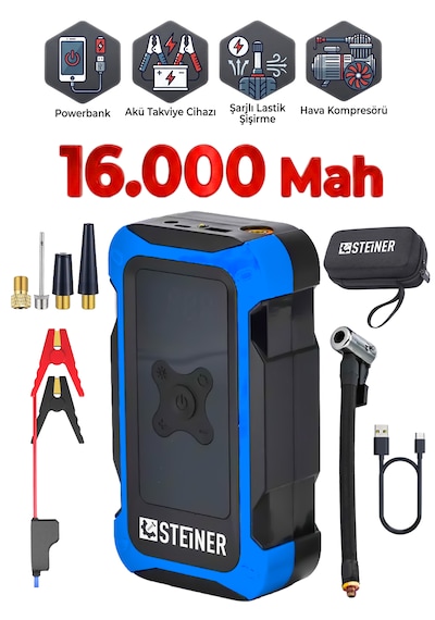 Steiner 16.000 Mah 4'ü 1 Arada 10 Bar Dijital Göstergeli Powerbank Led Fener Şarjlı Akü Takviye Cihazı Hava Kompresörü Mavi