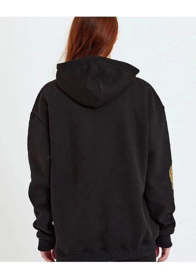 Mbb E-ticaret Kadın Oversize Kapüşonlu Cepli Ön Kol Baskılı 3 İplik Pamuklu Hoodie Sweatshirt - Siyah
