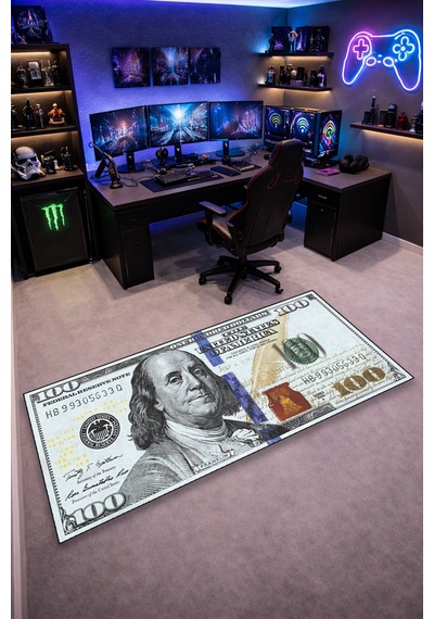 100 Dolar Kaymaz Taban Makinede Yıkanabilir Gaming Para Desenli Oyuncu Gamer Genç Odası Halısı Beyaz