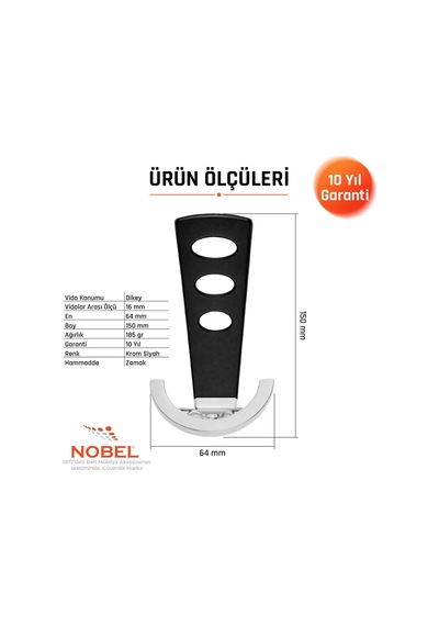 Bemol Lüks Portmanto Askı, Metal, Vestiyer Askı, 185 Gr, Dolap Askılık, Duvar Askılığı, Krom-siyah Vidalı 5 Adet