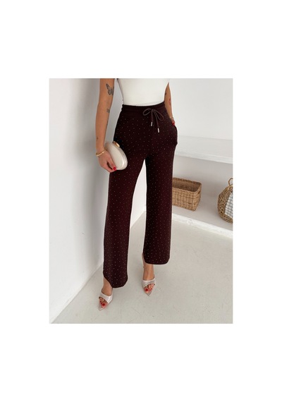 Gugus Kadın Bol Paça Modal Eşofman Altı Taşlı Wide Leg Model Kahverengi