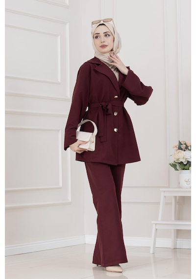 Kemerli Düğme Detaylı İkili Takım-bordo-5693 Bordo