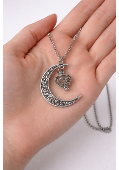 Karanlıkta Parlayan Hilal Kafatası Vintage Gümüş Renk Unisex Kolye Çok renkli