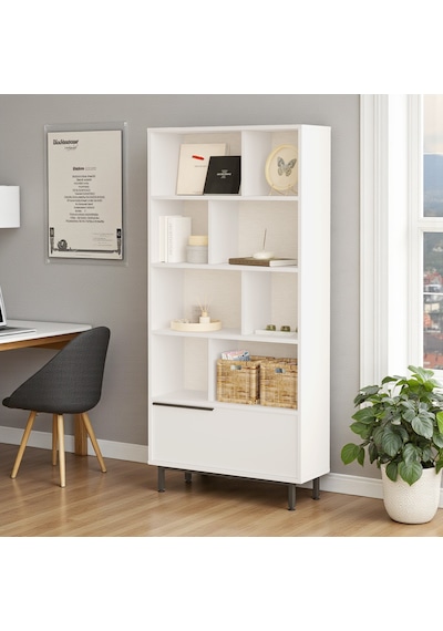 Robin Home Kitaplık Raf Metal Ayaklı 176cm Kapaklı Beyaz Beyaz