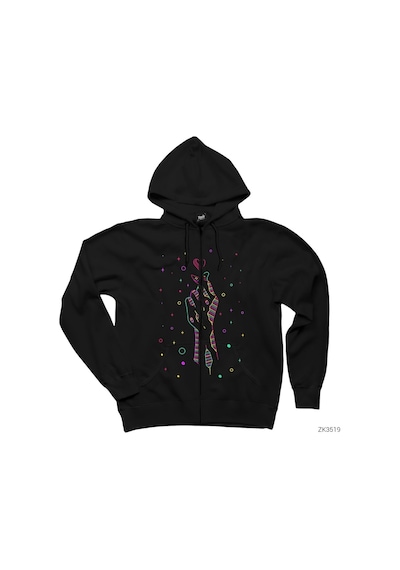 Aşk Yıldızları Siyah Fermuarlı Kapşonlu Sweatshirt Siyah