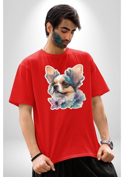 Chihuahua Köpek Pamuklu Bisiklet Yaka Unisex Oversize Boyfriend Dijital Baskılı Kırmızı T-shirt Kırmızı